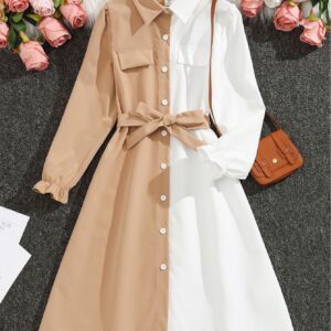 Girls Two Tone Flounce Sleeve Belted Shirt Dress